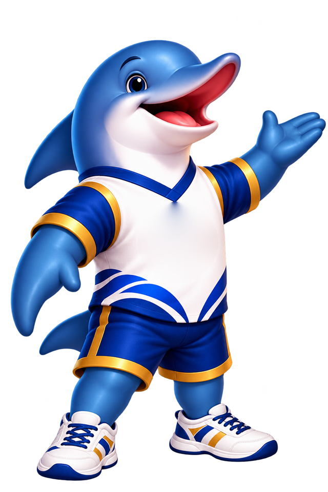 The Gangetic dolphin mascot in a white, blue and gold sports kit, waving a welcome